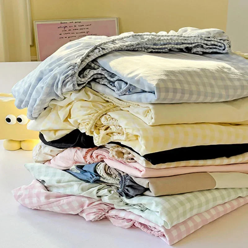 New Ultra-Thin Grid Pattern Fitted Sheet Set Washed Cotton Skin-Friendly Mattress Dust Cover Soft Breathable Household Mat