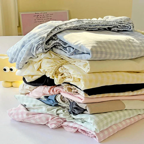 New Ultra-Thin Grid Pattern Fitted Sheet Set Washed Cotton Skin-Friendly Mattress Dust Cover Soft Breathable Household Mat