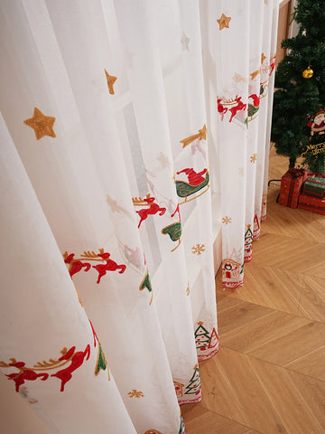1PC Christmas Reindeer Sleigh Embroidered Tulle Pole Curtain for Living Room Bedroom Holiday Party Decor