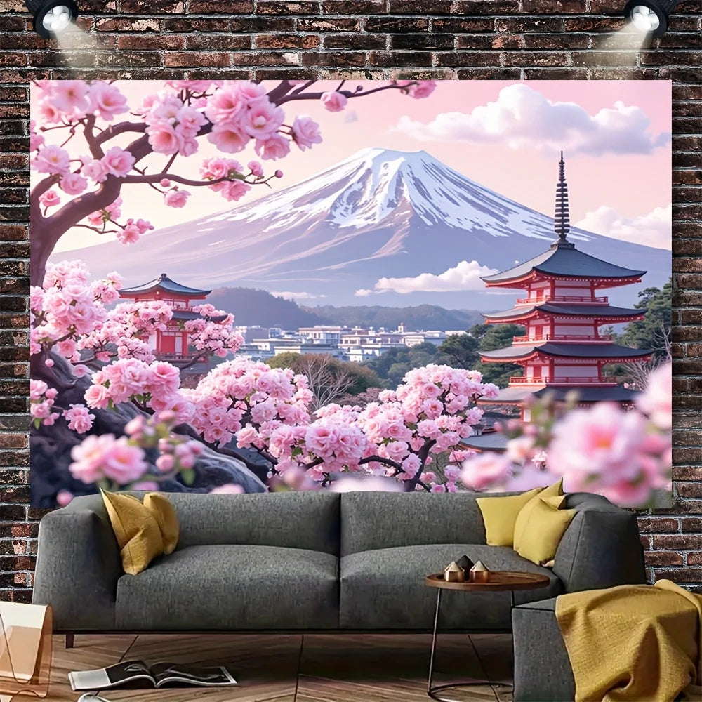 1 Piece Japanese Cherry Blossom & Fuji Mountain Tapestry - Polyester Material, Ideal for Living Room & Bedroom Decoration
