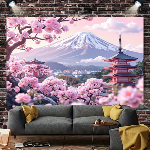 1 Piece Japanese Cherry Blossom & Fuji Mountain Tapestry - Polyester Material, Ideal for Living Room & Bedroom Decoration