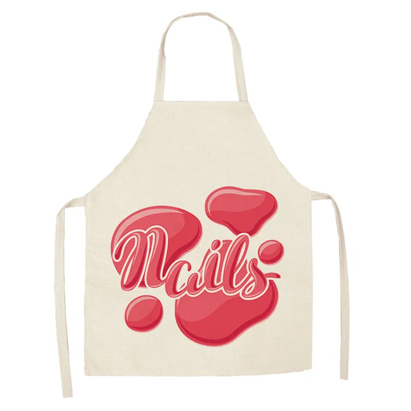 Linen Flower Nail Polish Theme Print Kitchen Aprons Unisex Dinner Party Cooking Bib Funny Pinafore Cleaning Apron