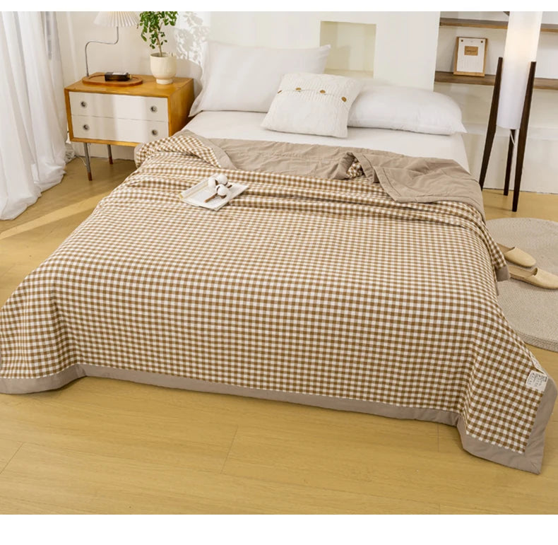 Japanese-style Plaid Summer Blanket 100% Cotton Skin Friendly Quilted Queen Quilt 220*240 Breathable King Size Duvet Comforter