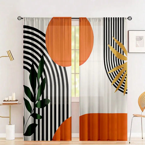 2 Pieces Boho Artistic Curtains - Modern Geometric Design With Black, Beige And Gold Accents - Semi-Sheer, Machine Washable