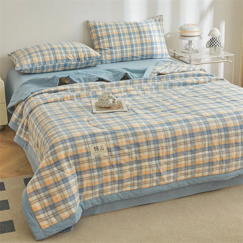 Ins Style Summer Quilt with 100% Cotton Filling Lightweight Skin-friendly Pure Cotton Quilt Plaid Style Thin Comforter Bed Duvet
