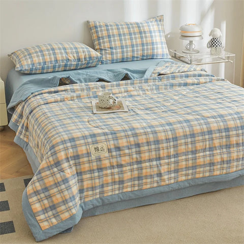 Ins Style Summer Quilt with 100% Cotton Filling Lightweight Skin-friendly Pure Cotton Quilt Plaid Style Thin Comforter Bed Duvet