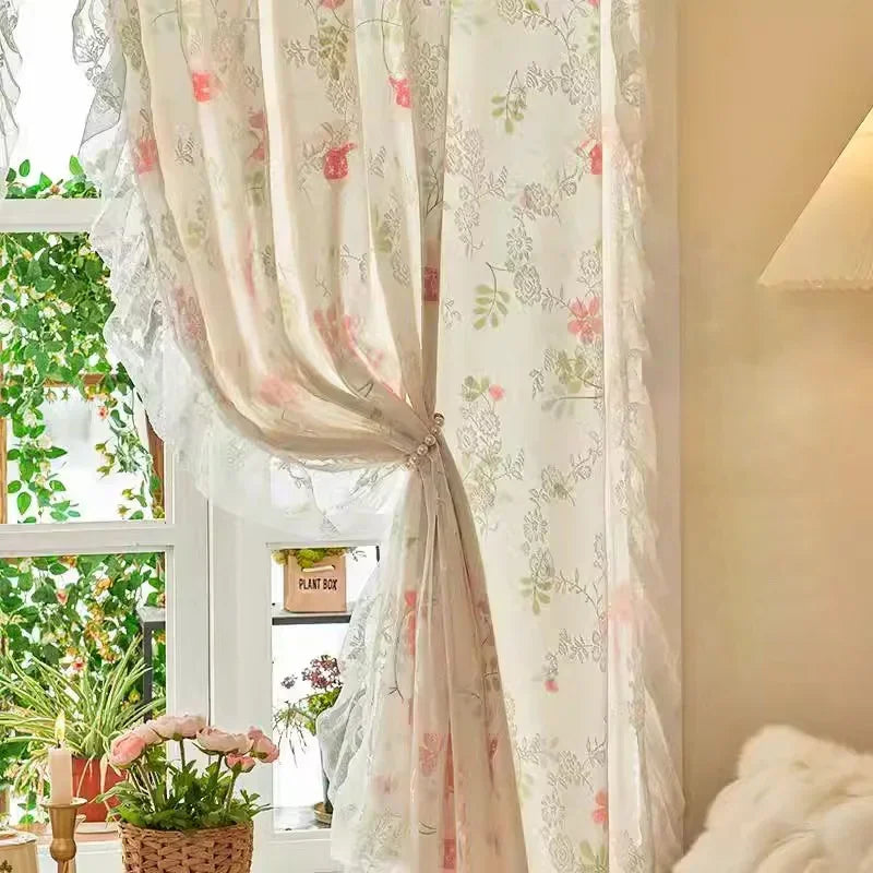 Double Layer Sheer Curtains Floral Print Lace French Style Voile Organza for Bedroom Decor Antique White Drapes 2025 New Design