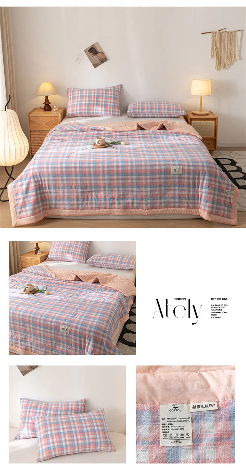 Ins Style Summer Quilt with 100% Cotton Filling Lightweight Skin-friendly Pure Cotton Quilt Plaid Style Thin Comforter Bed Duvet