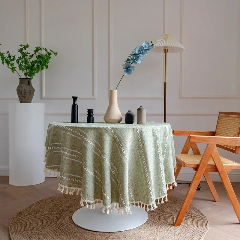 Solid Embroidery Round Tablecloth with Tassels Dust-Proof Table Cover for Kitchen Living Room Dinning Party Tabletop Decorations