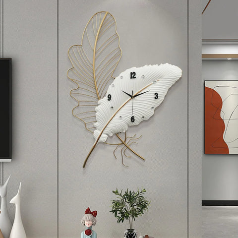 2025 New Large-size Iron Handmade Pure White Feather Wall-mounted Clock Home Decor Silent Hollow Feather Simple Quartz Clocks