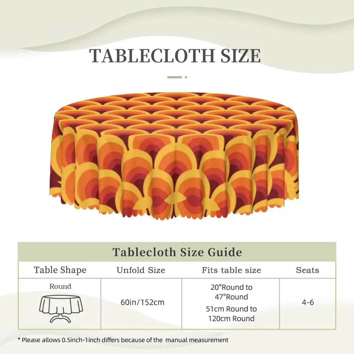 Orange Wave Gradient Retro Pattern Round Tablecloths 60 Inch Abstract Geometric Table Covers for Kitchen Table Cloth