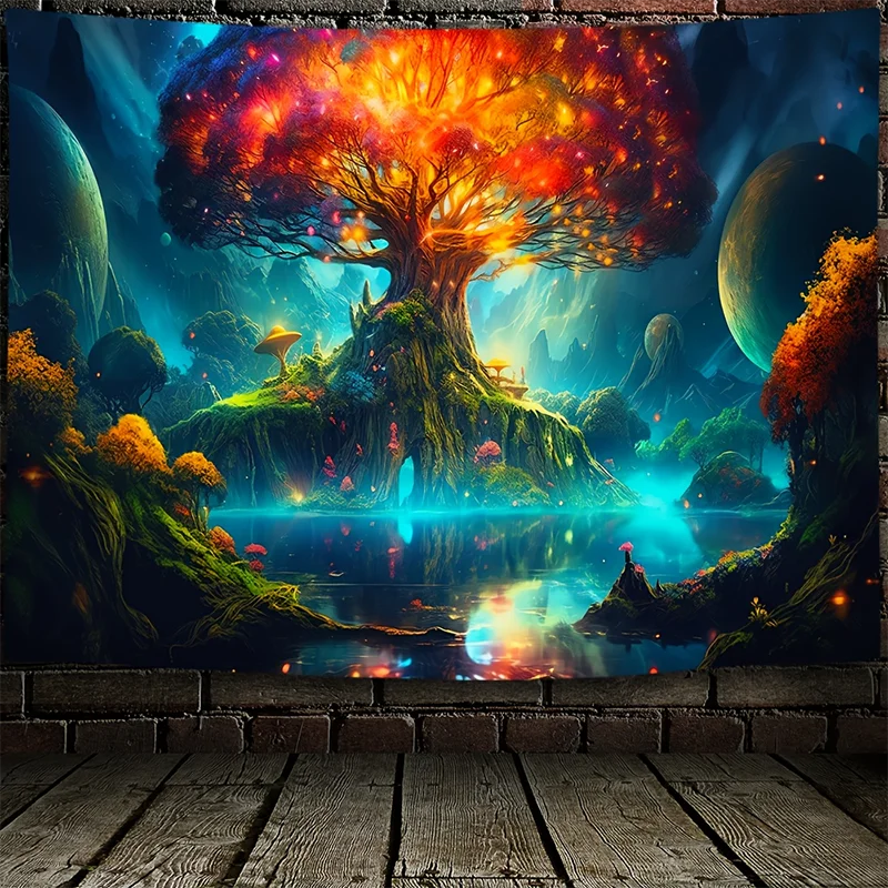 Dream Forest Fluorescent Tapestry for Bedroom Living Room Decoration Polyester Material Belt Installation Kit