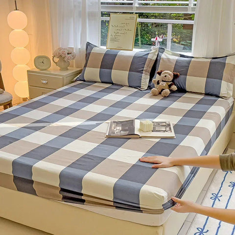 New Ultra-Thin Grid Pattern Fitted Sheet Set Washed Cotton Skin-Friendly Mattress Dust Cover Soft Breathable Household Mat