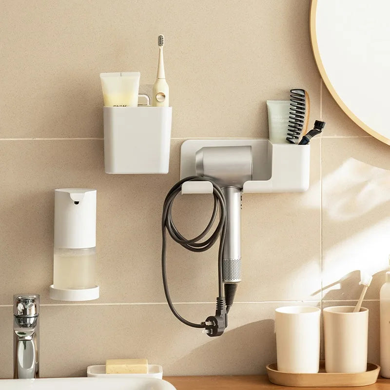 Hair Dryer Holder Wall Bathroom Shelf Without Drilling Plastic Hair Dryer Stand with Storage Box Toilet Blower Holder Shelf
