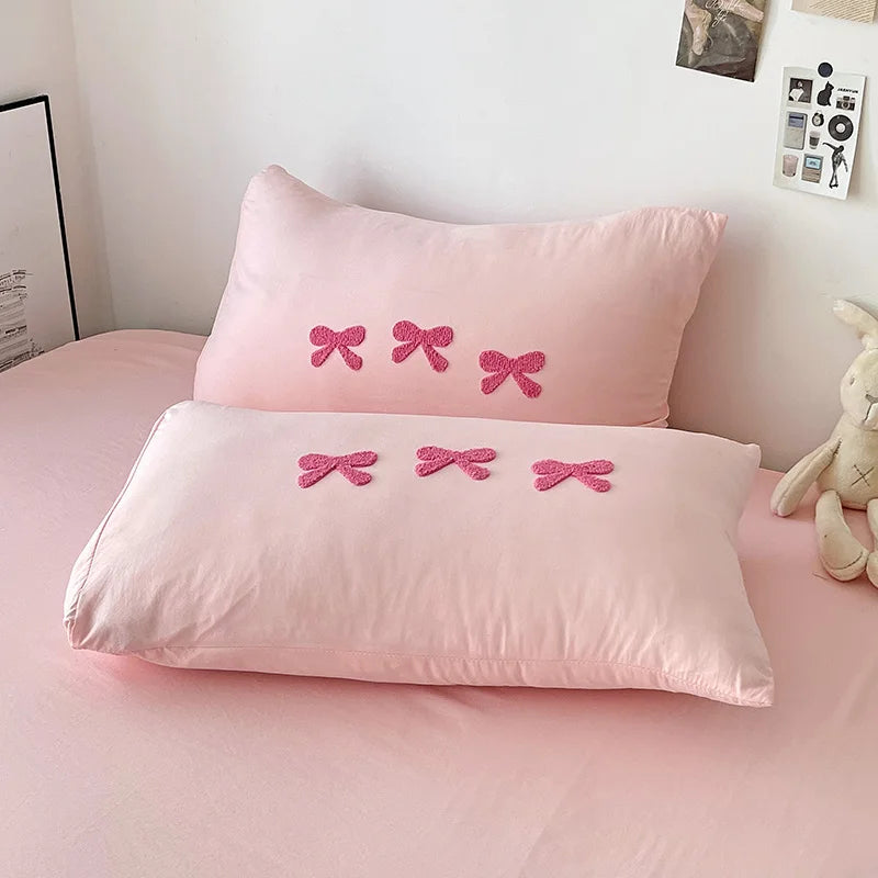 Cute Pink Bows Duvet Cover Set, 3D Embroidery Bedding Sets Pink Bed Set, Comfy Queen Comforter Covers Soft for Girls Kids Teens