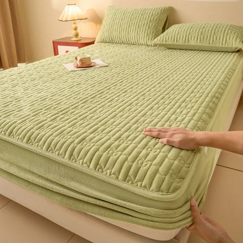 WASART Quilted coral fleece mattress protector cover winter warm elastic fitted sheet couple double bed protection pad 180x200