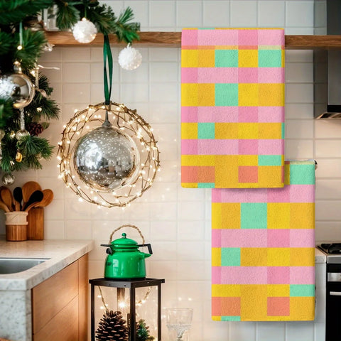 2PCS Soft Absorbent Kitchen Towels Dish Towel Geometric Lattice Dish Cloths Holiday  Dry Cloth For Kitchen Home Decoration