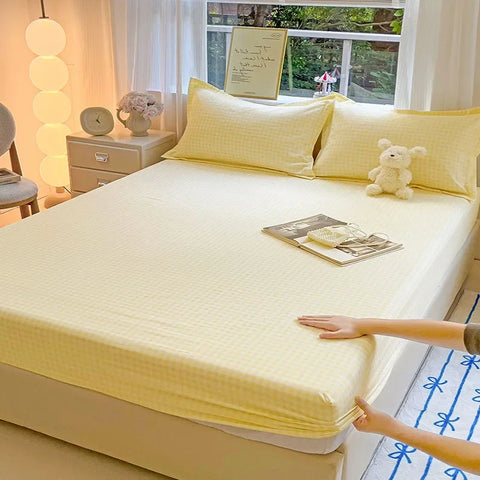 New Ultra-Thin Grid Pattern Fitted Sheet Set Washed Cotton Skin-Friendly Mattress Dust Cover Soft Breathable Household Mat