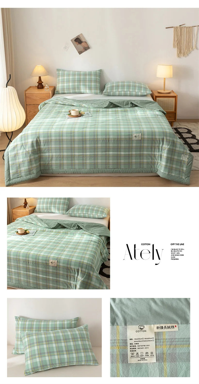 Ins Style Summer Quilt with 100% Cotton Filling Lightweight Skin-friendly Pure Cotton Quilt Plaid Style Thin Comforter Bed Duvet