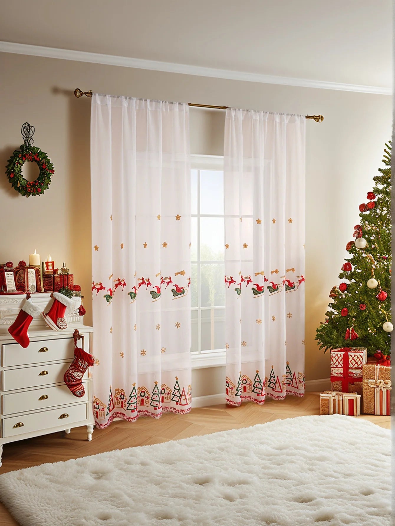 1PC Christmas Reindeer Sleigh Embroidered Tulle Pole Curtain for Living Room Bedroom Holiday Party Decor