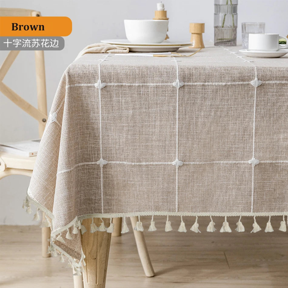 Grey Large Square Embroidery Tassel Tablecloth,Cotton Linen Dust-Proof Checkered Table Cover,for Kitchen Dinning Tabletop Decor