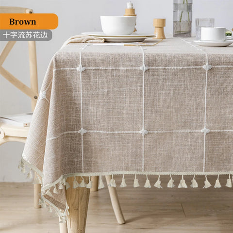 Grey Large Square Embroidery Tassel Tablecloth,Cotton Linen Dust-Proof Checkered Table Cover,for Kitchen Dinning Tabletop Decor