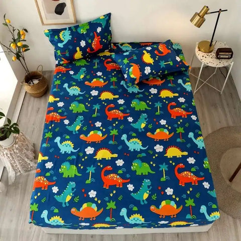 Solstice Kids Dinosaur Bed Sheet Set - Cartoon Printed Draps De Lit With Pillowcase, Elastic Fitted (Single/Twin, 100% Cotton)