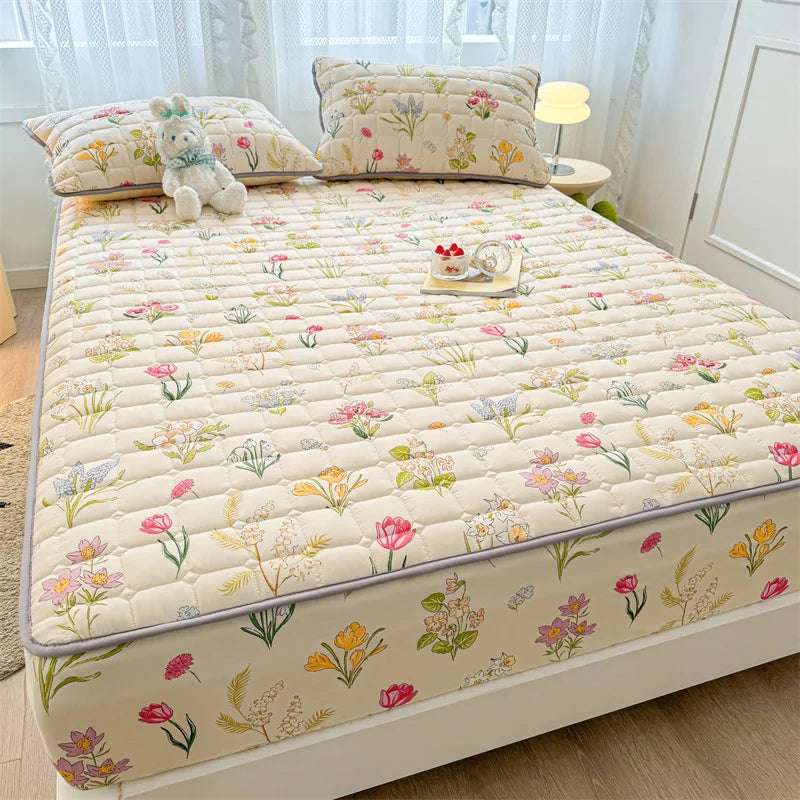 Adorable Quilted Washed Cotton Fitted Mattress Cover - Super Cute Girl's Design, Hypoallergenic