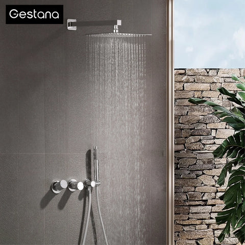 Luxury gun gray brass wall mounted shower system embedded design with 2 handles dual control hot and cold water bathroom faucet