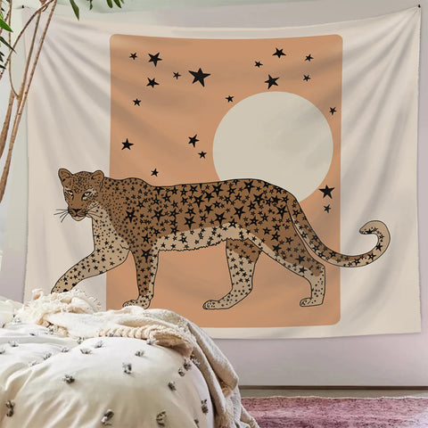 Star Leopard Moon Tapestry Boho Retro Wall Hanging Decor Polyester Fade-Resistant Indoor Outdoor Minimalist Aesthetic Banner