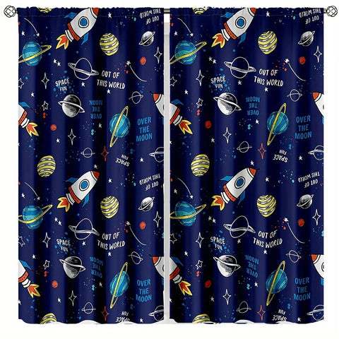 2PCS Cartoon Out Space Curtains for Boys Girls Universe Planet Window Drapes Rod Pocket Galaxy Rocket Astronaut Blue Curtains.