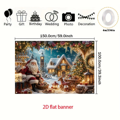 tapestry Festive Christmas - Durable Polyester, Santa Claus & Gingerbread House Scene with Snowy Village