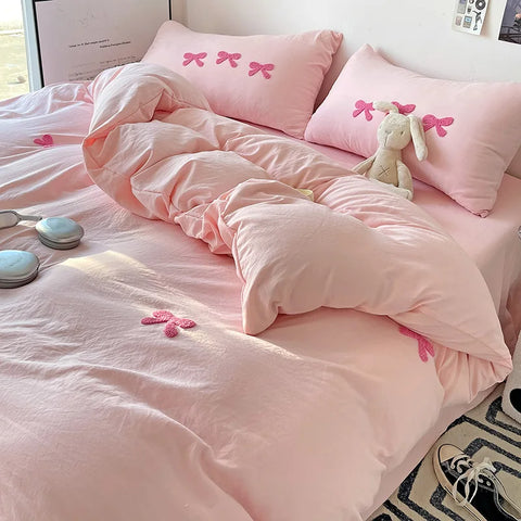 Cute Pink Bows Duvet Cover Set, 3D Embroidery Bedding Sets Pink Bed Set, Comfy Queen Comforter Covers Soft for Girls Kids Teens