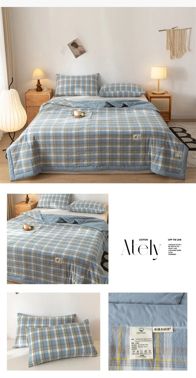 Ins Style Summer Quilt with 100% Cotton Filling Lightweight Skin-friendly Pure Cotton Quilt Plaid Style Thin Comforter Bed Duvet