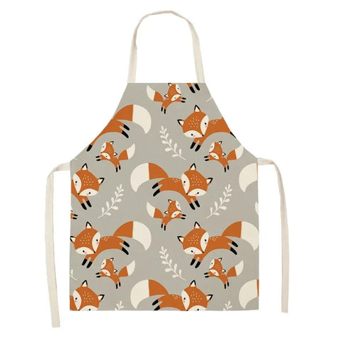1Pcs Cute Fox Cat Pattern Apron Women Men Kids Waterproof Cooking Oil-proof Kitchen Cooking Bib Aprons Cotton Linen Home Textile