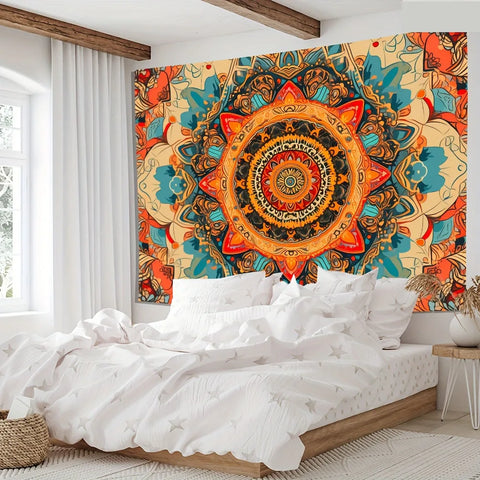 1pc Large Mandala Tapestry - Vibrant Orange/Black/White/Red Bohemian Style | Home Decor, Holiday Gift & Party Event Decoration