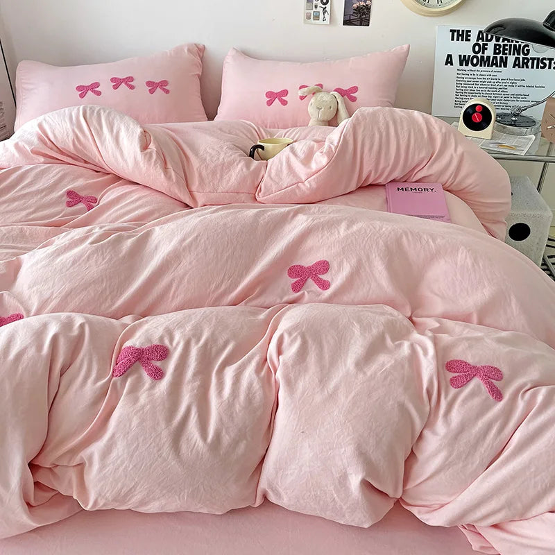 Cute Pink Bows Duvet Cover Set, 3D Embroidery Bedding Sets Pink Bed Set, Comfy Queen Comforter Covers Soft for Girls Kids Teens