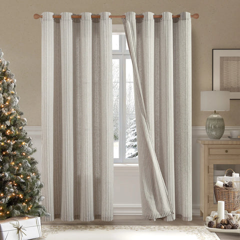 JINCHAN 2PCS Linen Curtains For Living Room Bedroom Ticking Striped Window Treatment Light Filtering Drapes Grommet Top Curtain