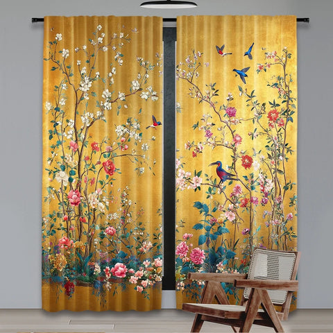 2pcs 2D flat printing Merry Christmas Trendy Curtains Golden Blooms scopic and stylish 100% polyester fiber Festive Curtains for