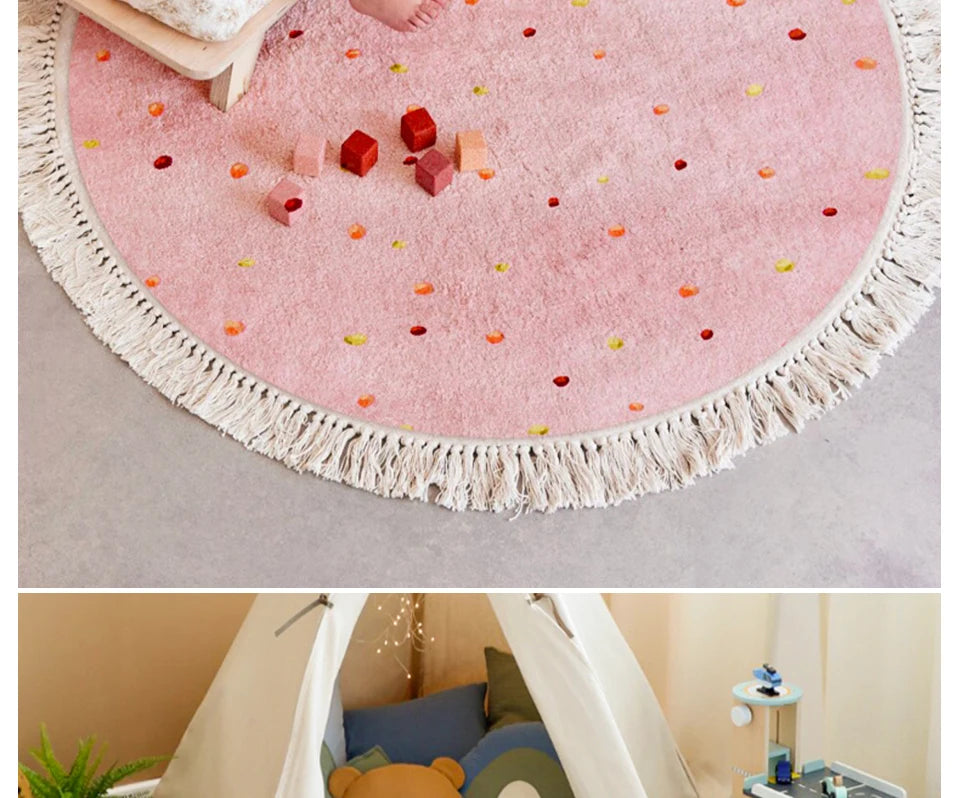 Cute Round Rug Bedroom Tassel Carpet Mat Bedside Kids Room Ddecoration Cartoon Floor Mats Home Soft Machine Washable Area Rugs