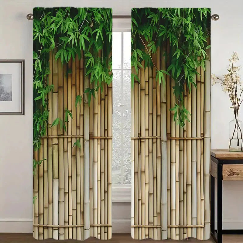 2pcs modern bamboo jacquard design printed curtains, pole bag curtains, home decoration, room decoration