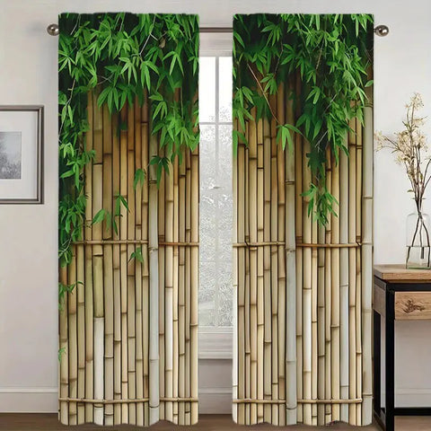 2pcs modern bamboo jacquard design printed curtains, pole bag curtains, home decoration, room decoration