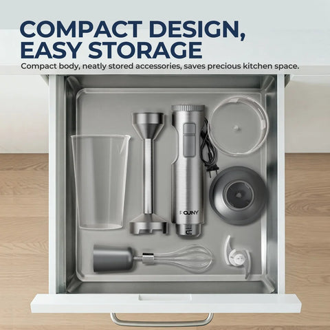 ROUNY 4-in-1 Hand Immersion Blender 1000W Powerful, Stainless Steel Stick Food Mixer,700ml Mixing Beaker,500ml Processor, Whisk