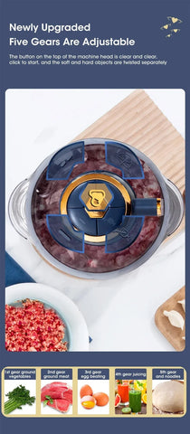 5L Electric Meat Grinder Chopper Stainless Steel Meat Vegetables Blender, 500W Household Stuffing Food Processor Mincer 5 Modes