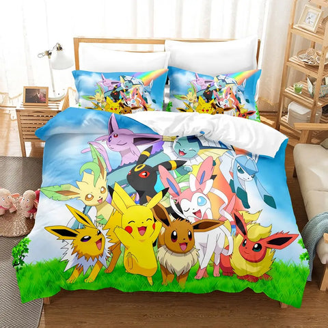 Kawaii Pokemoned Cartoon Anime Bedding Set Pikachu Gengar Eevee Charizard Quilt Duvet Cover Pillowcase Kid Bed Set Twin Size