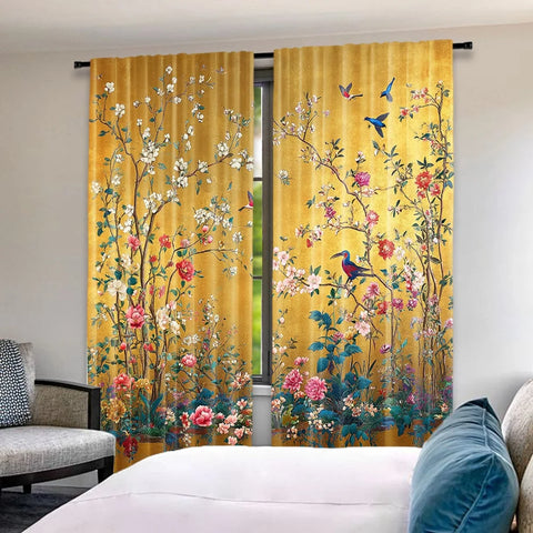 2pcs 2D flat printing Merry Christmas Trendy Curtains Golden Blooms scopic and stylish 100% polyester fiber Festive Curtains for