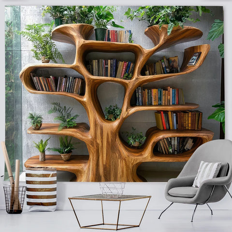 Tree Shaped Bookshelf with Artificial Green Plants Tapestry Wall Decoration Autumn & Christmas Decor For Reading Nooks Backdrops