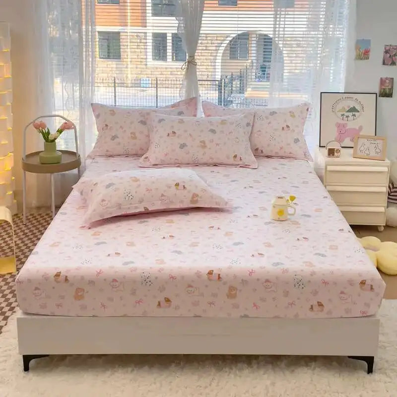 100% Cotton Kids Fitted Sheet - Pink Cartoon Print Single Size, Soft Bed Sheet Mattress Cover (No Pillowcase)