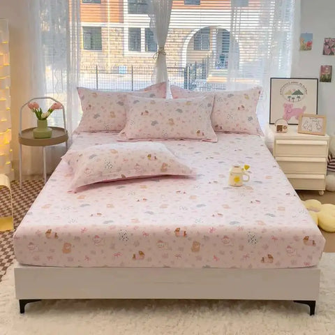 100% Cotton Kids Fitted Sheet - Pink Cartoon Print Single Size, Soft Bed Sheet Mattress Cover (No Pillowcase)