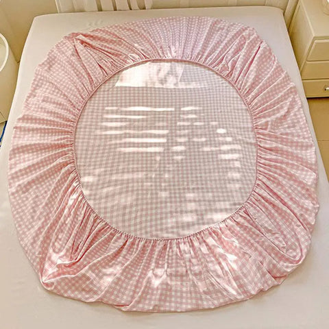 New Ultra-Thin Grid Pattern Fitted Sheet Set Washed Cotton Skin-Friendly Mattress Dust Cover Soft Breathable Household Mat